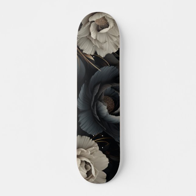 Skateboard Fleurs noires et blanches (Devant)