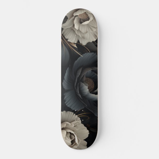 Skateboard Fleurs noires et blanches (Recto)