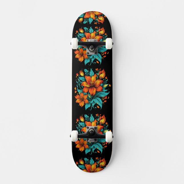 Skateboard Fleurs oranges amusantes (Recto)