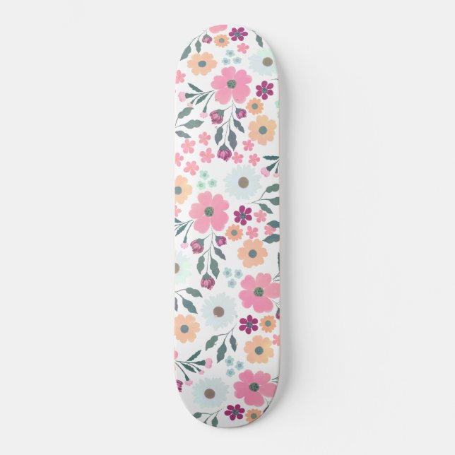 Skateboard Fleurs roses Botanique Blanc Design (Recto)