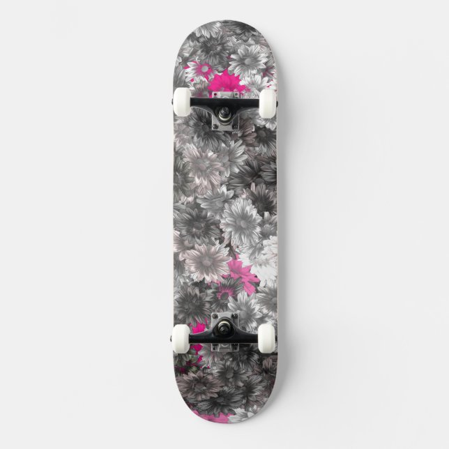 Skateboard Fleurs roses et gris (Recto)