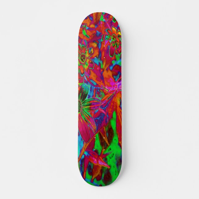Skateboard Fleurs sauvages psychédéliques rouges et vertes gr (Devant)