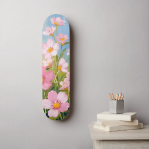 Skateboard Fleurs sauvages roses   Peinture florale aquarelle