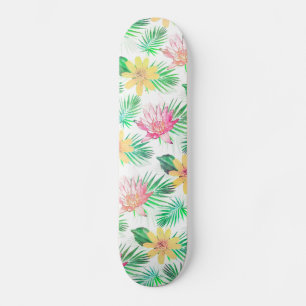 Skateboard Fleurs tropicales roses et jaunes