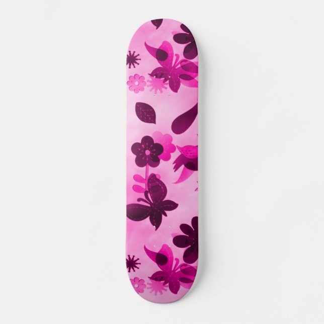Skateboard Fleurs violettes roses chaudes Oiseaux Papillons F (Recto)