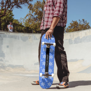 Skateboard Flocons de neige blancs, Bleu, Votre nom, Personna