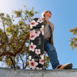 Skateboard Floral Cherry Blossom Monogram Black Pink Girly