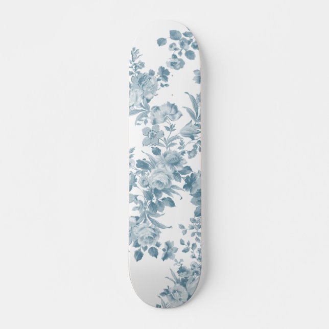 Skateboard Floral élégant de Bohème blanc bleu en pastel (Devant)