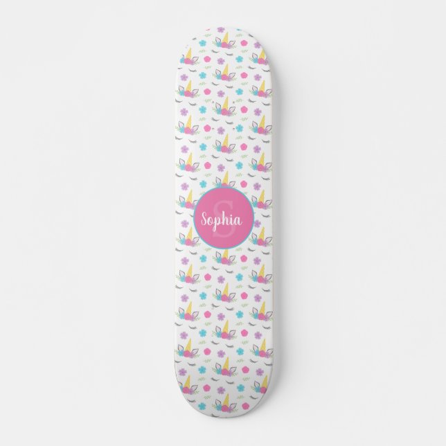 Skateboard Floral Unicorn Face Personalized Monogram (Devant)