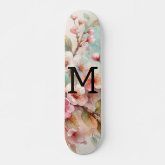 Skateboard Floral watercolor monogram pink cherry blossoms 