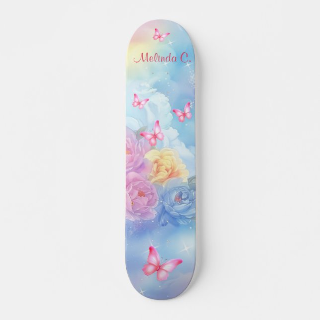 Skateboard Florales Pastel & Papillons roses Nuages Arc-en-ci (Devant)