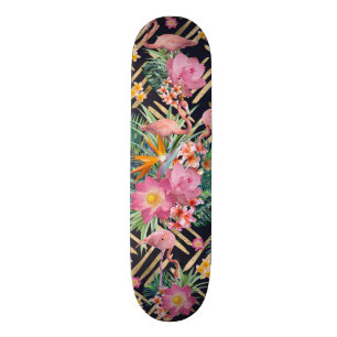 Skateboard Flore tropicale, flamants roses et strokies d'or