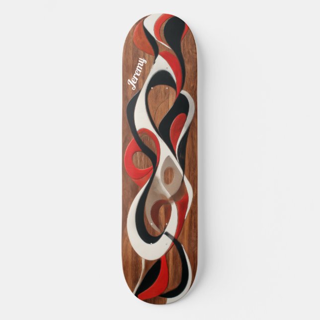 Skateboard Flowing abstract black, red, white on walnut (Recto)