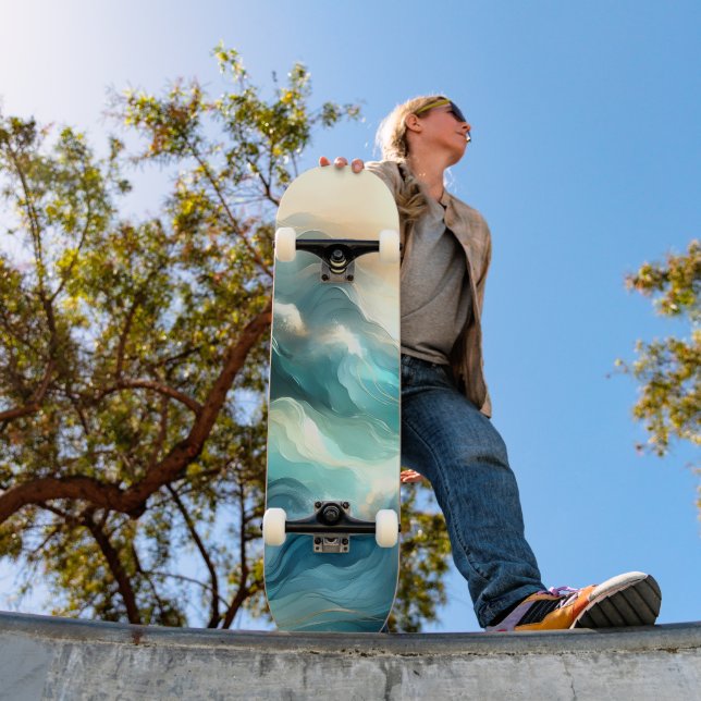 Skateboard Flux d'océan doré Vagues abstraites (Extérieur 1)