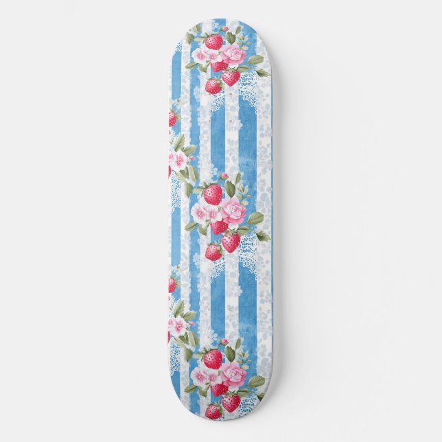 Skateboard Fraises vintages et fleurs sur bandes bleues (Recto)