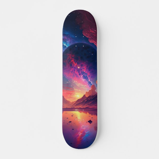 Skateboard Galaxie colorée Planète surplombant le lac Alien (Devant)