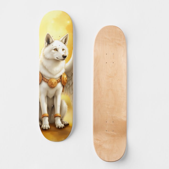 Skateboard Gardien de l'Aube – Le Loup aux Ailes Blanches.  (Recto)