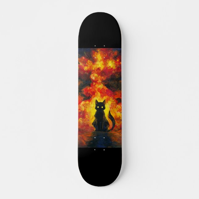 Skateboard Gato Negro en Estilo Acuarela con Fondo Llameante (Devant)