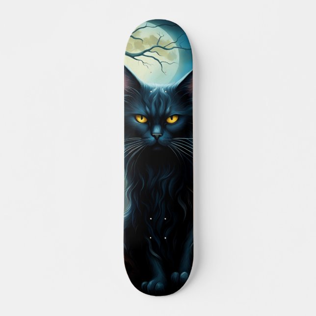 Skateboard Gato negro en noche de luna llena (Devant)