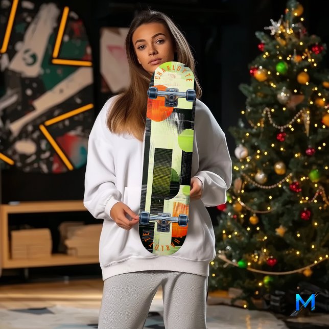 Skateboard Géométrique Abstrait avec Orange et Vert Gras (Créateur téléchargé)
