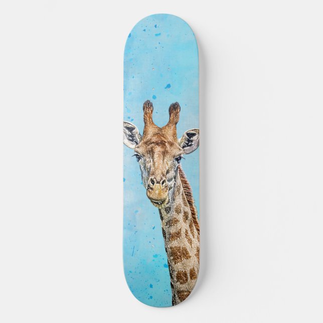 Skateboard Giraffe curieuse avec Ciel de Confetti Bleu (Recto)