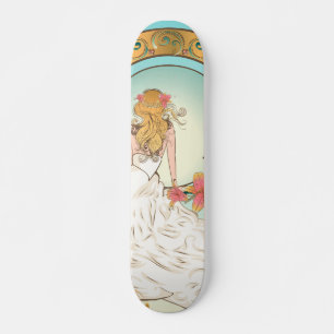 Skateboard Girl in white gown with pink lily flowers