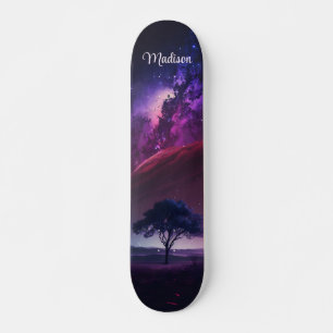 Skateboard Girl Purple Midnight Sky Tree Nom personnalisé