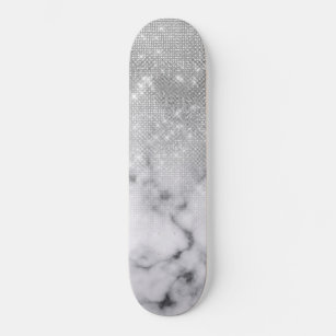 Skateboard Glamorous Silver Glitter White Marble Ombre