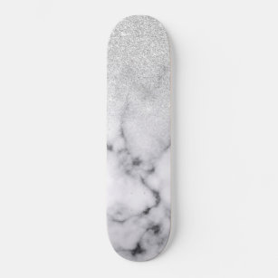 Skateboard Glamorous Silver White Glitter Marble Gradient