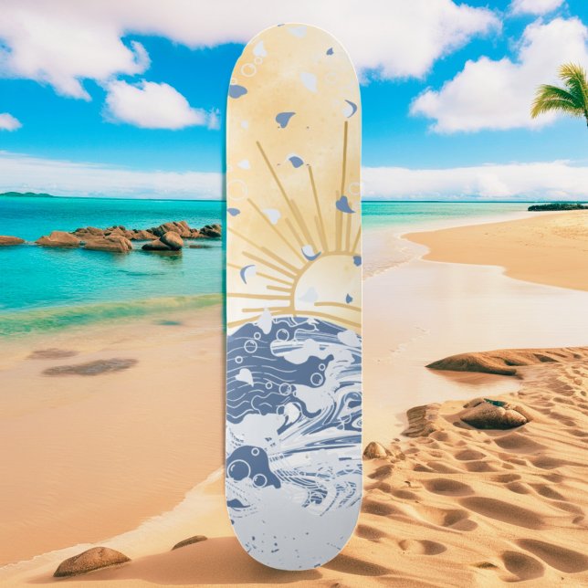 Skateboard Gold Golden Blue Asiatique Sunset Sun & Sea Waves (Créateur téléchargé)