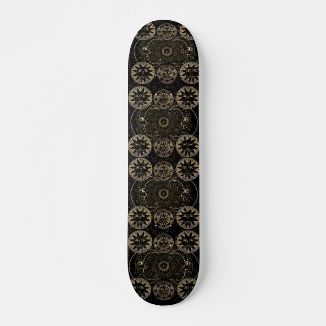 Skateboard Golden Sun Moon Stars Art d'astronomie céleste (Devant)