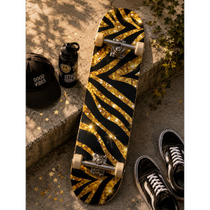 Skateboard Golden Zebra Glittery Motif