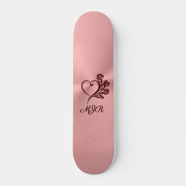 Skateboard Gothic heart and roses on rose-gold with Monogram (Devant)