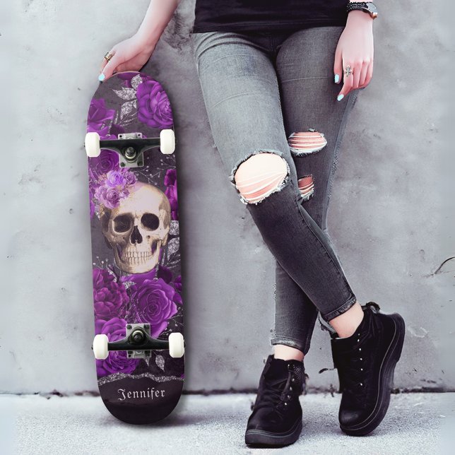 Skateboard Gothique Crâne foncé violet Roses Personnalisé (Créateur téléchargé)