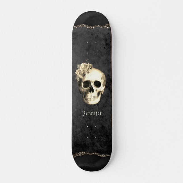 Skateboard Gothique Crâne Roses blanches Personnalisées (Devant)