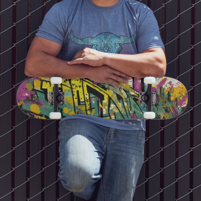 Skateboard Graffiti en magenta et jaune (Extérieur 3)