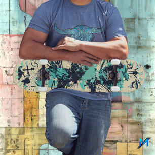 Skateboard Graffiti minimaliste aux teintes océaniques et Abs