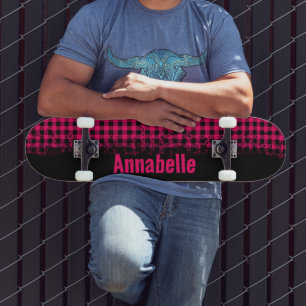 Skateboard Gras Fushion Fuchsia rose et noir À damiers