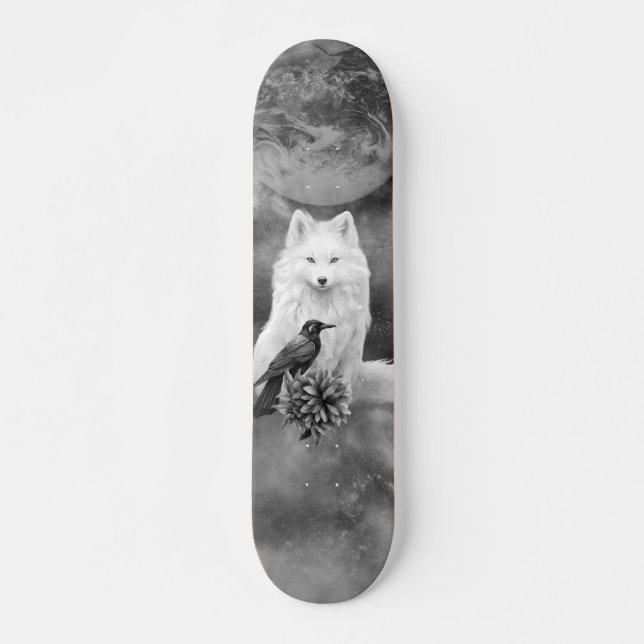 Skateboard Gray Scale White Fox Fantasy Raven Moon Skate Deck (Devant)