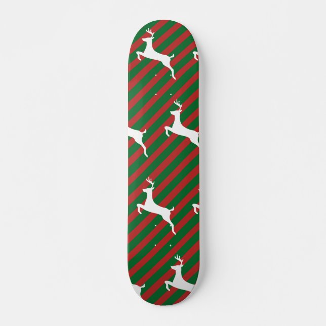 Skateboard Green and Red Stripe White Deer Pattern Christmas (Devant)