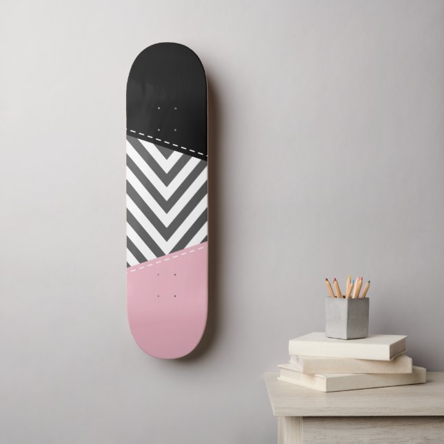 Skateboard Gris Zigzag, Gris Chevron, Motif Zigzag, Rose (Art mural)