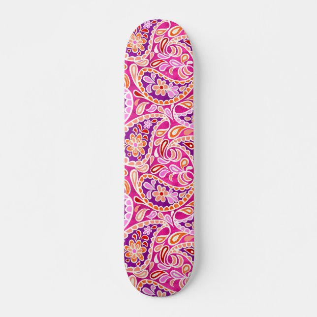 Skateboard Groovy Daisy Paisley BoHo Aquarelle Fuchsia (Devant)
