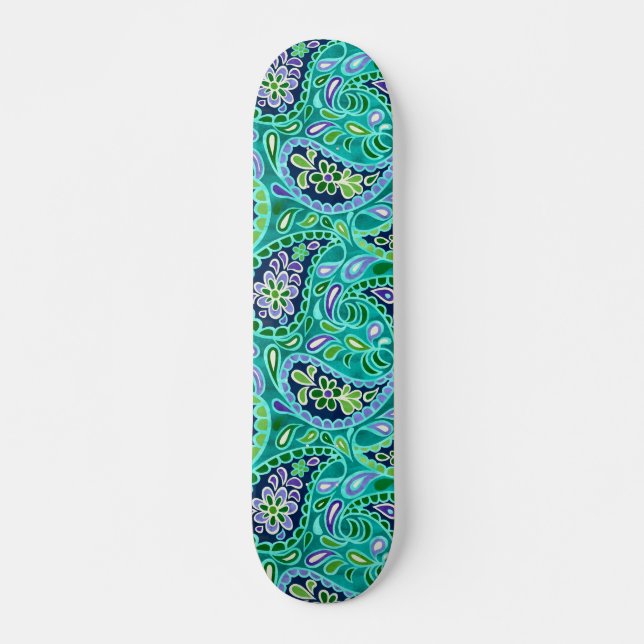 Skateboard Groovy Daisy Paisley BoHo Aquarelle Sarcelle (Devant)