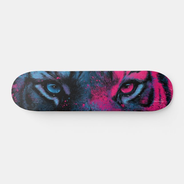 Skateboard Gros plan bleu néon et rose des yeux de tigre (Horz)