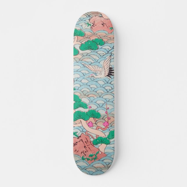 Skateboard Grues japonaises sur vagues Motif Vintage (Devant)