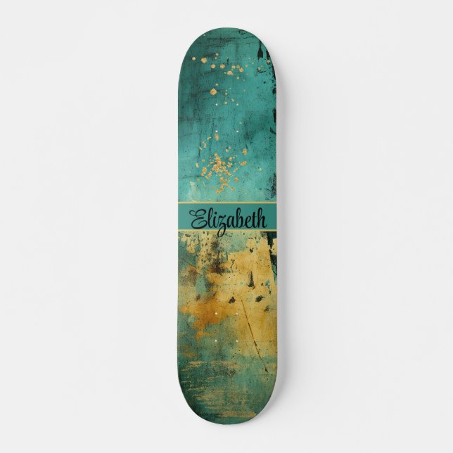 Skateboard Grunge Turquoise et Faux Gold Parties scintillant  (Devant)