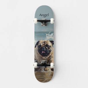 Skateboard Happy Pug à la Plage personnalisable