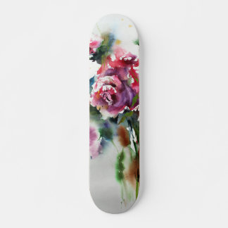 Skateboard Hermosas Rosas Rojas en Arte Acuarela