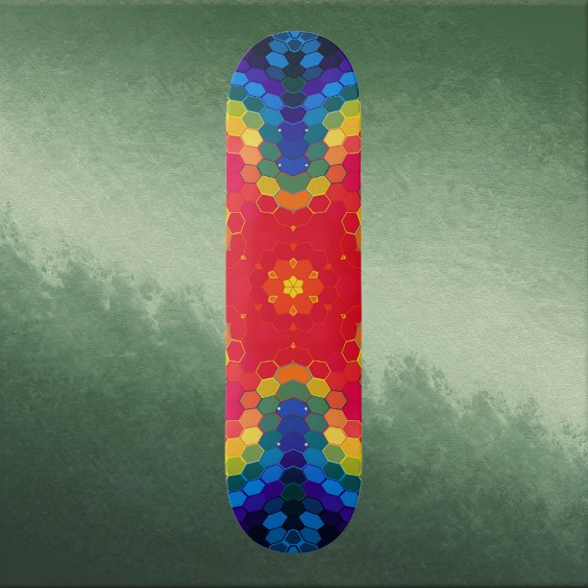 Skateboard Hex Mandala Red Yellow and Blue (Red Yellow and Blue Hexagon Mandala Skate Board by Wormhole Orbital)