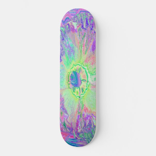 Skateboard Hibiscus Psychedelique Tripant Vert Citron et Viol (Recto)
